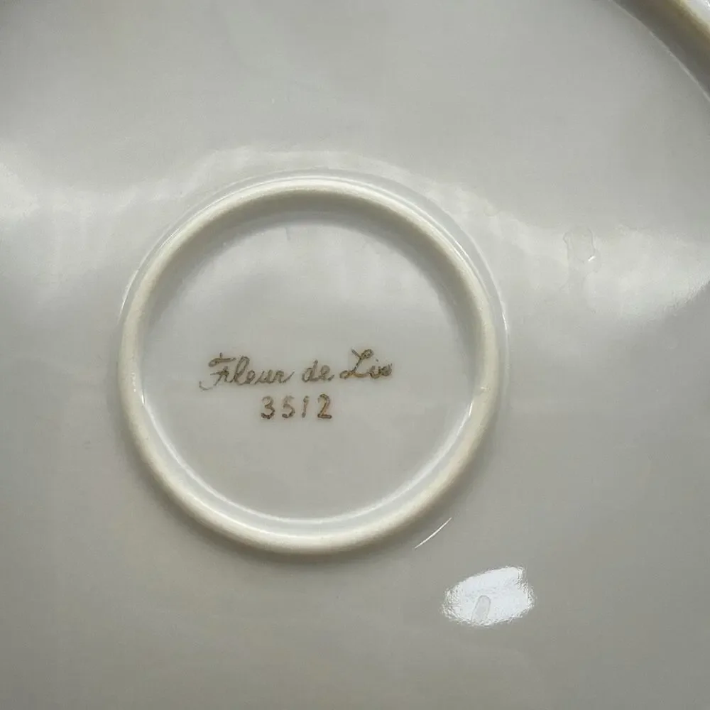 Set Of 7 (50-60's) Fleur de Lis Snack Set Gold & White -Plates & Tea/Coffee Cups
